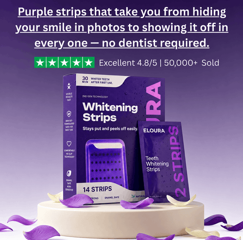 Whitening Strips packaging displayed on a pedestal against a purple gradient background, with promotional text at the top and decorative purple and cream petals around the base. The box and single strip pack are branded ELOURAUAE.