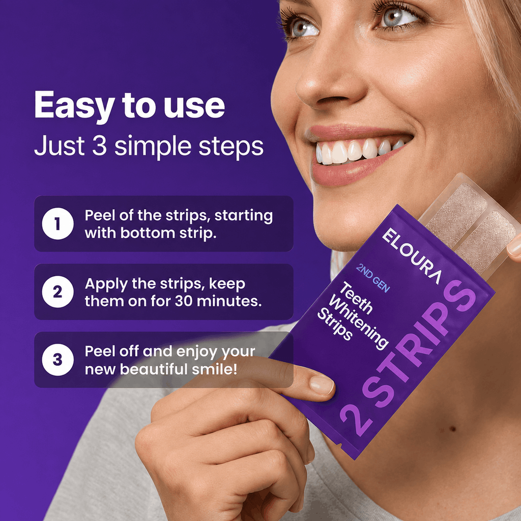 A woman holds a purple packet of ELOURAUAE Teeth Whitening Strips while an on-screen graphic explains the three simple steps to use them.