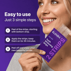 A woman holds a purple packet of ELOURAUAE Teeth Whitening Strips while an on-screen graphic explains the three simple steps to use them.