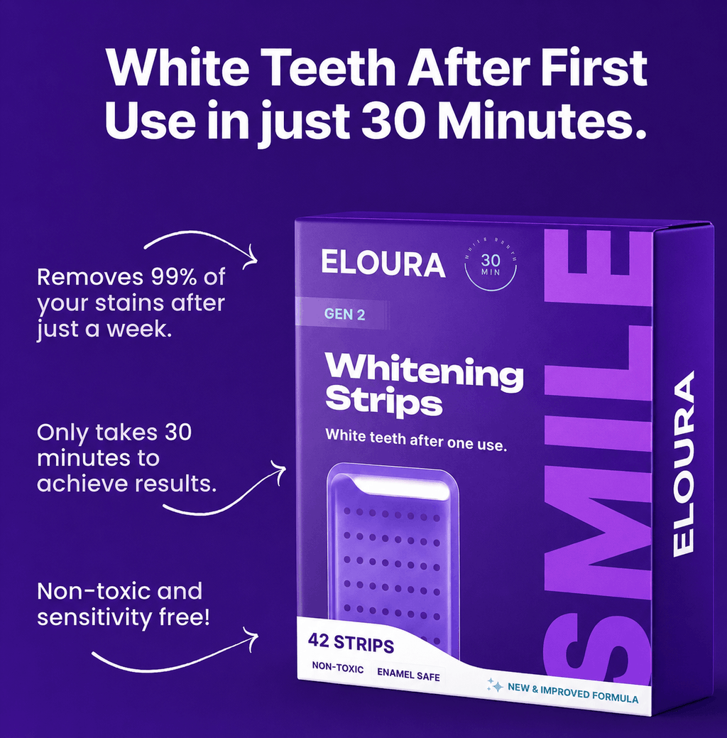 A purple promotional graphic for ELOURAUAE Whitening Strips showing the product box on a matching purple background with marketing text about whitening after first use in 30 minutes.