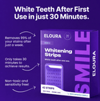 A purple promotional graphic for ELOURAUAE Whitening Strips showing the product box on a matching purple background with marketing text about whitening after first use in 30 minutes.